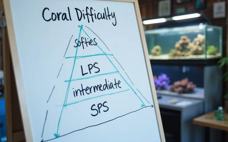 Coral difficulty pyramid: softies base → LPS middle → SPS top, brand colors
