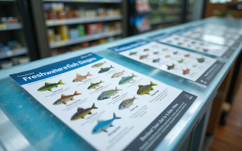 Grid of 10 beginner fish species with names and small care notes, brand colors