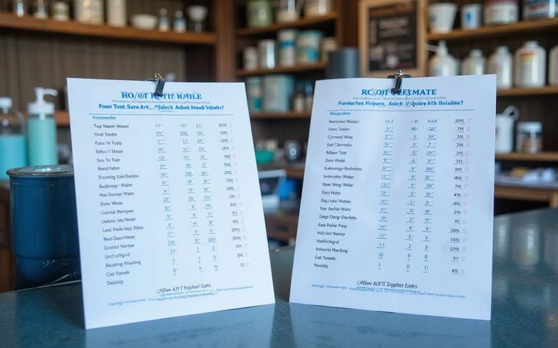 Sarasota tap water test results table next to RO/DI test results, brand colors