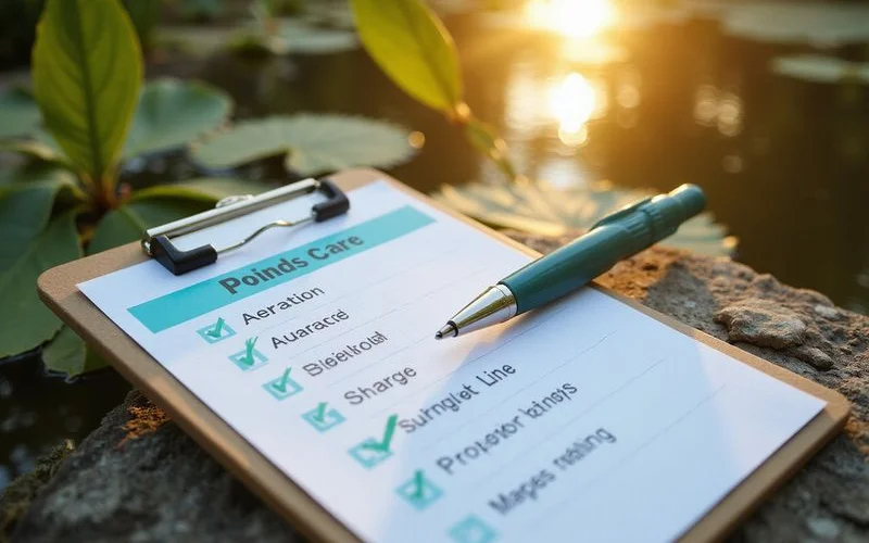 Summer pond checklist illustration: aeration, shade, feeding, predator netting, brand colors