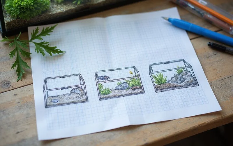 Three example layouts: open community vs heavy-plant vs cichlid-cave, top-down diagrams