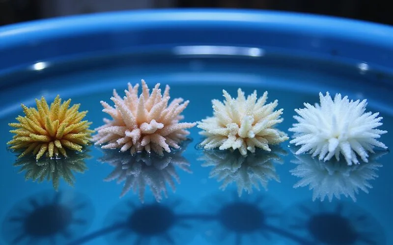Visual reference: healthy coral vs paled vs bleached vs RTN, side-by-side