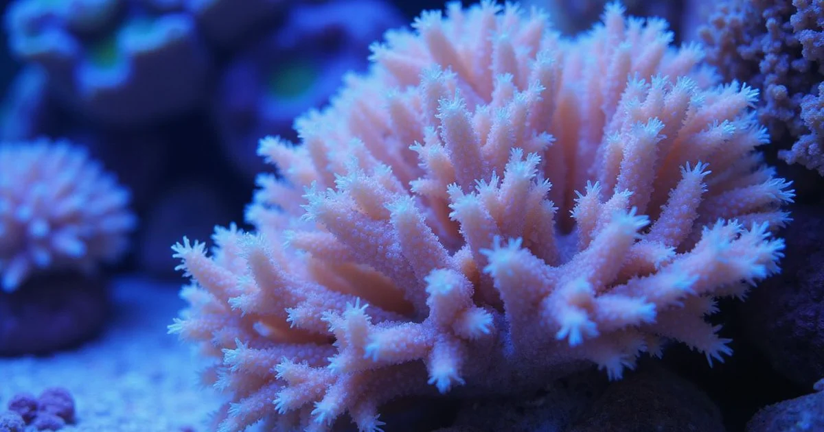 Acropora colony with partial tissue recession showing white skeleton, sharp focus