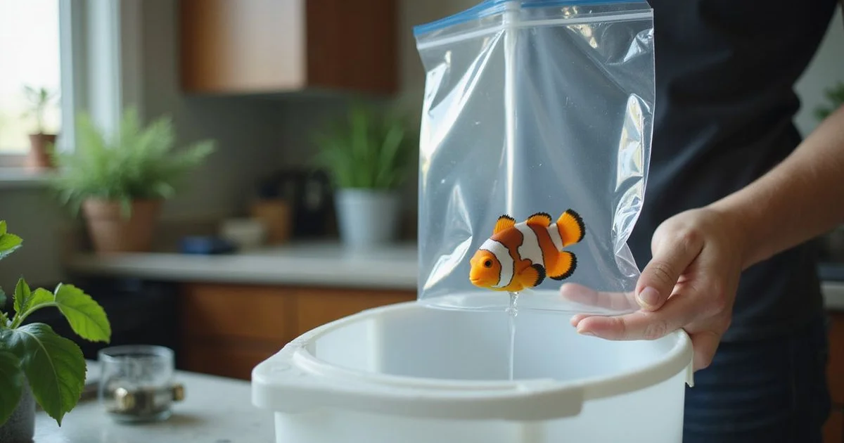 Airline tubing dripping into bucket holding new clownfish, soft light, real acclimation setup