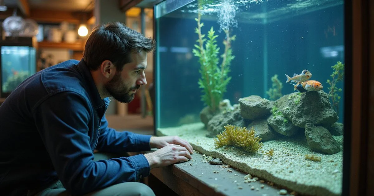 Aquarist examining a community tank with concerned expression, natural light, store environment