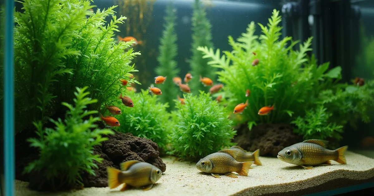 Beautiful planted tank with neon tetras schooling near corydoras, natural light