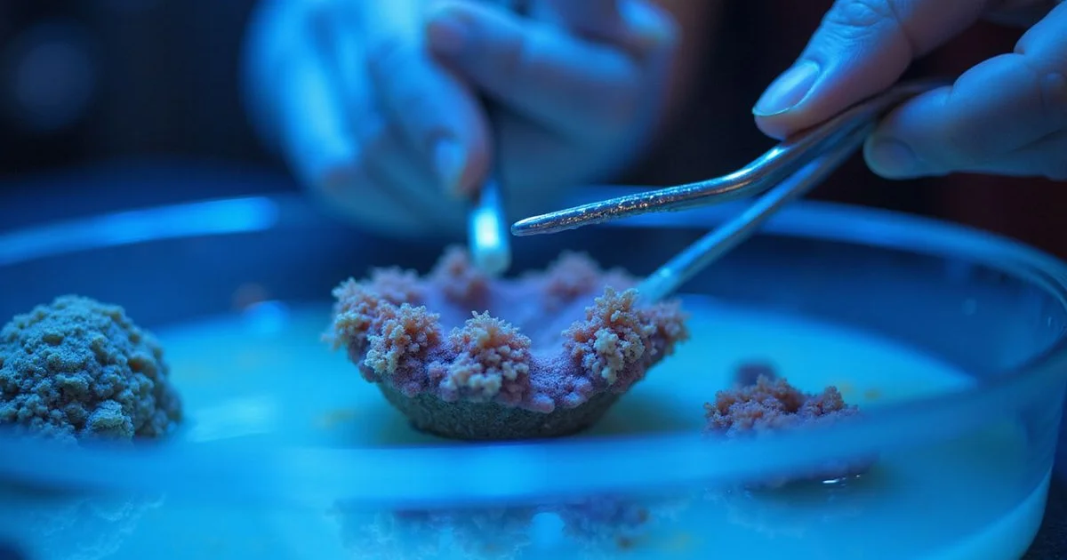 Coral frag being dipped in blue-tinted dip solution in small container, hands using tweezers