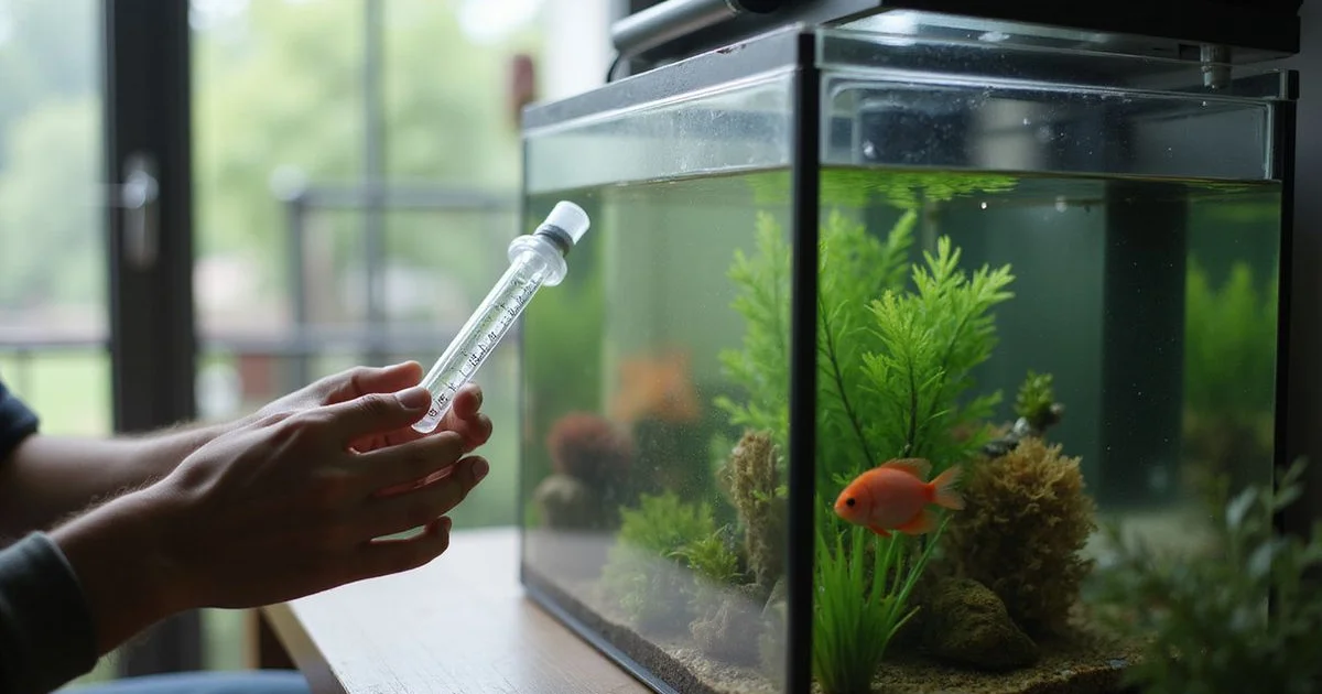 Hands holding test tube against new freshwater aquarium with subtle bacteria film, natural light, documentary style