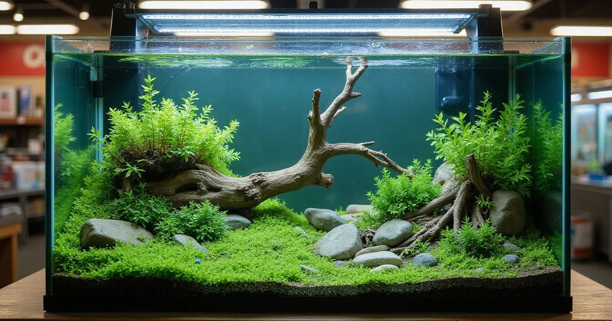 Heavily aquascaped planted tank with driftwood and rocks, in-store display, natural light