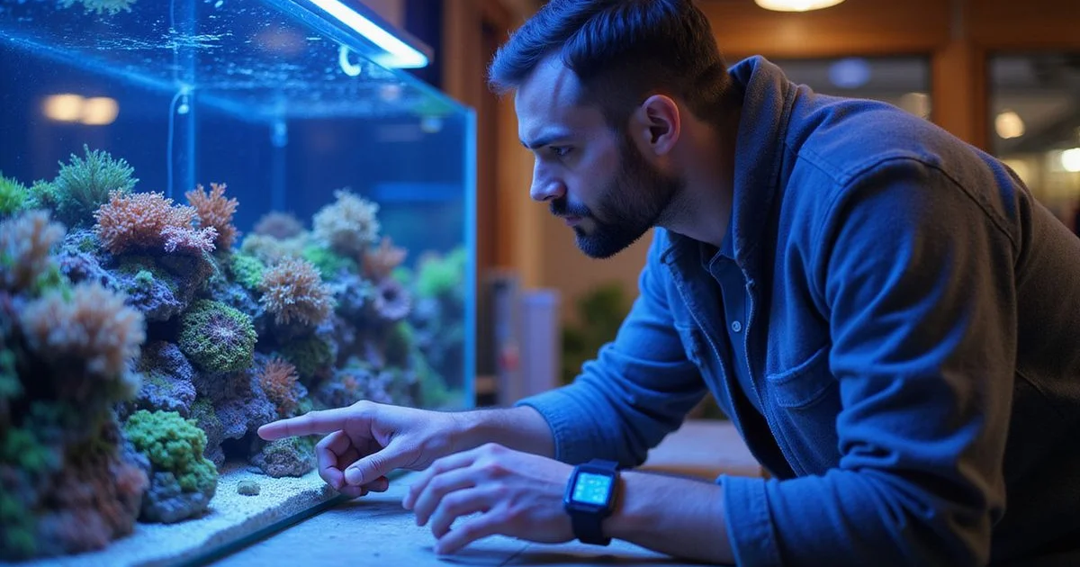 Hobbyist looking at vibrant nano reef tank with hands-on interest, soft natural light