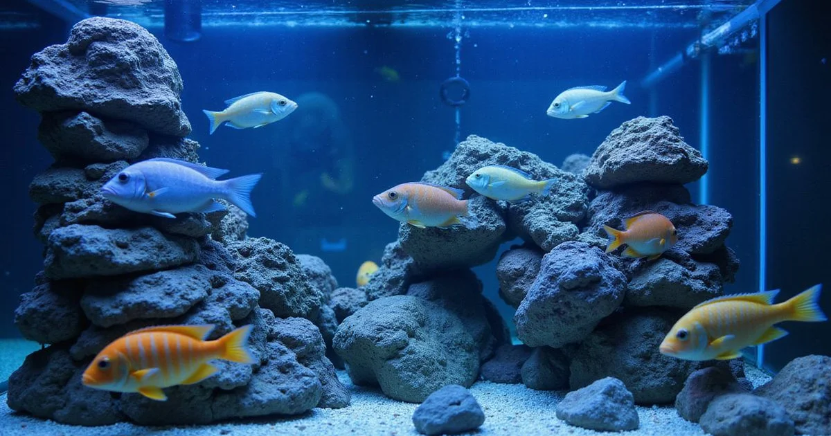 Mbuna African cichlids in rocky aquascape, blue lighting, store display