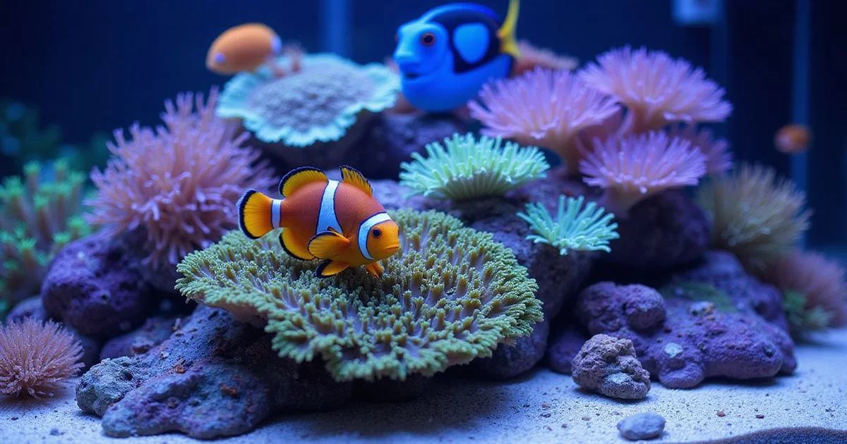 Mixed reef with clownfish, tangs and corals coexisting peacefully, blue lighting