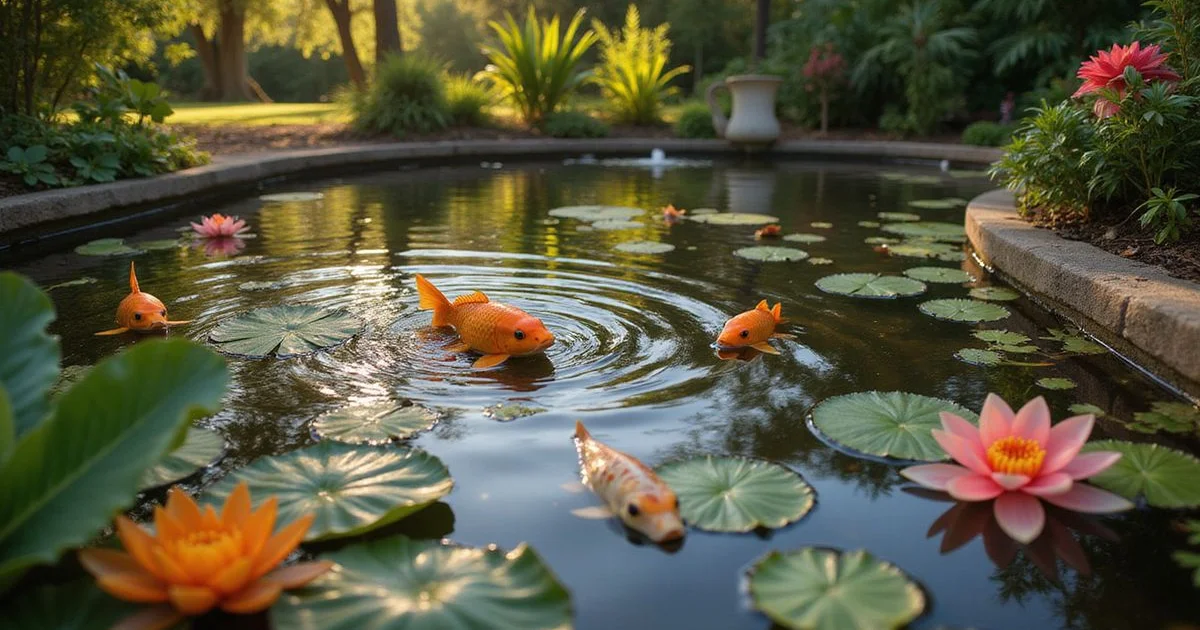 Outdoor Florida pond with koi and water lilies, late-afternoon golden light, authentic backyard