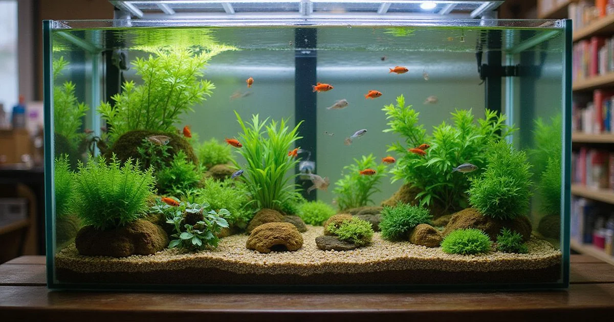 Peaceful community tank with multiple species coexisting, store display, natural light