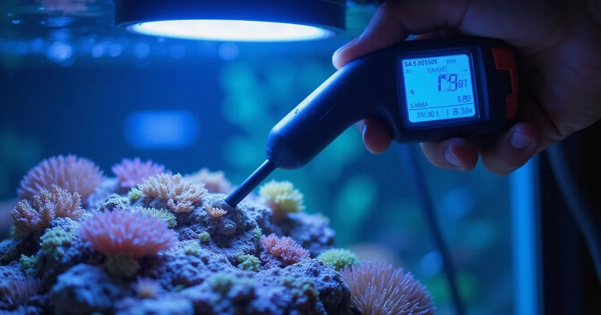 Reef tank under bright LED with PAR meter probe in water, blue actinic glow