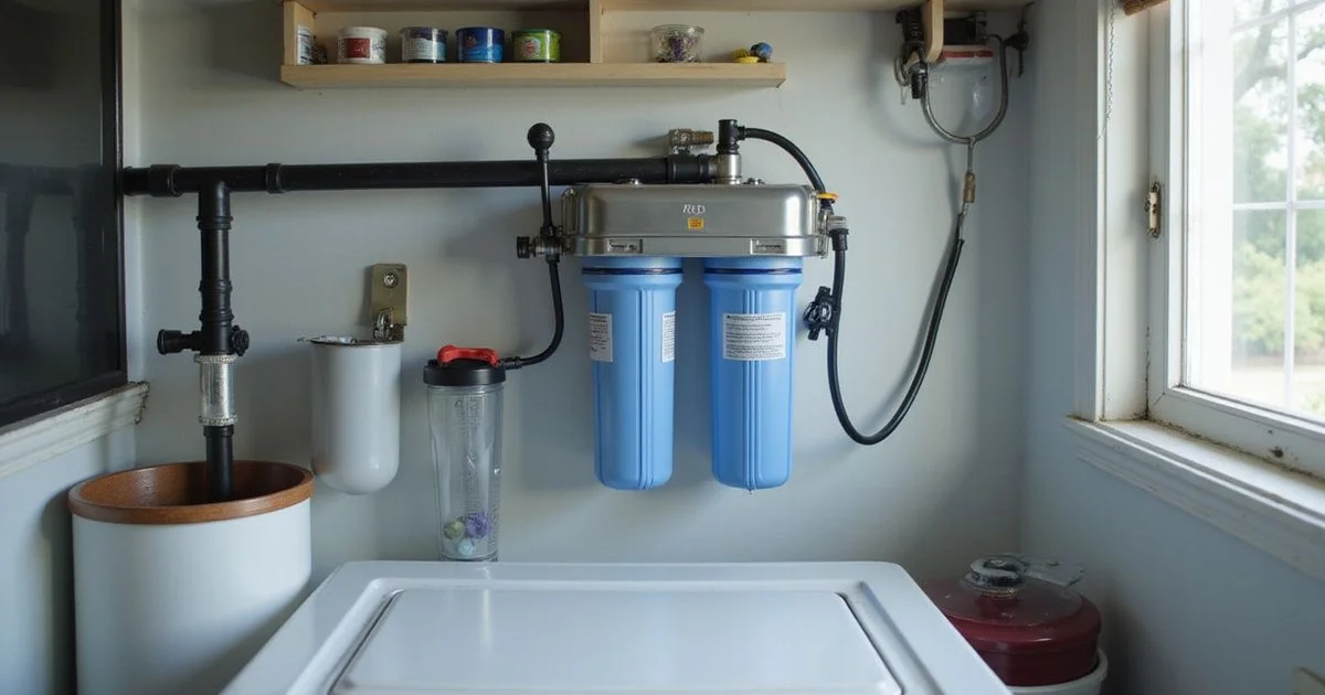 RO/DI filter unit hanging in laundry room with reef-keeper setup, soft natural light