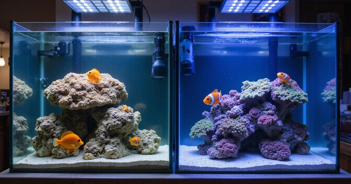 Side-by-side: FOWLR tank with vibrant angelfish left, mixed reef right, natural light