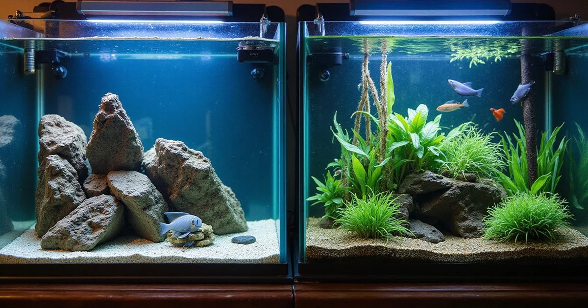 Split image: rocky Mbuna setup left, planted angelfish tank right, natural light