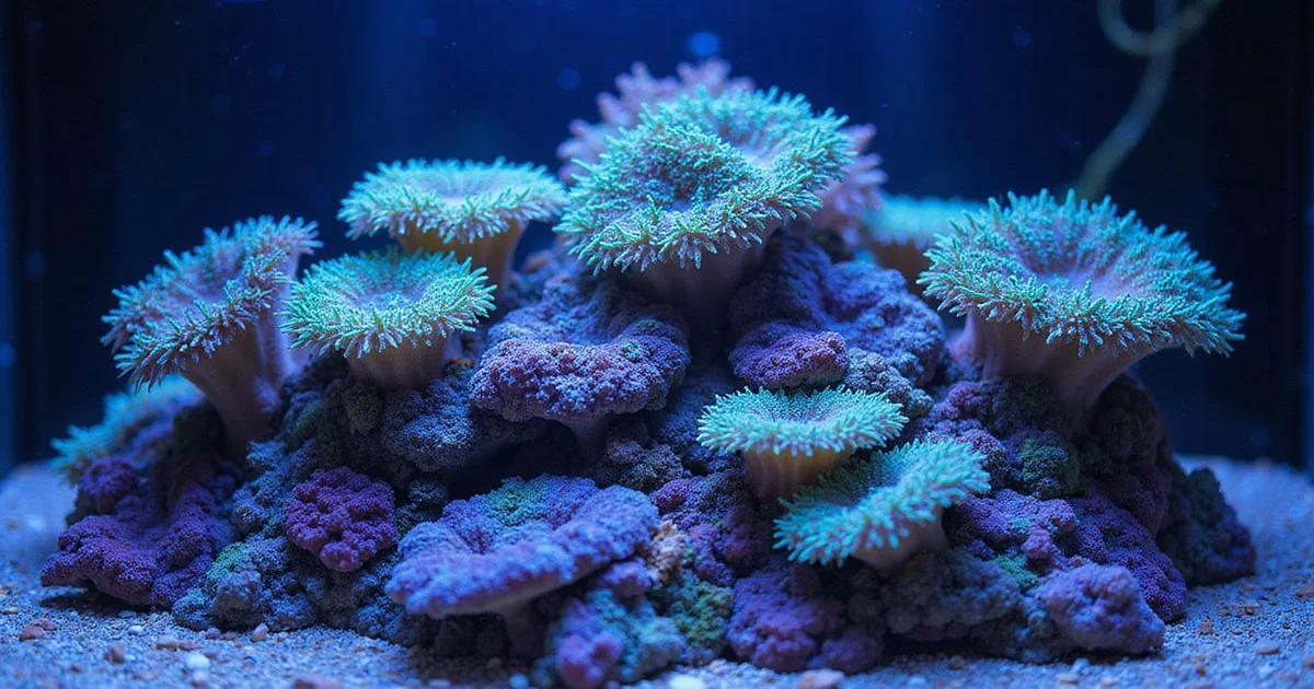 SPS-dominated reef with bright Acropora colonies, blue actinic lighting, premium display