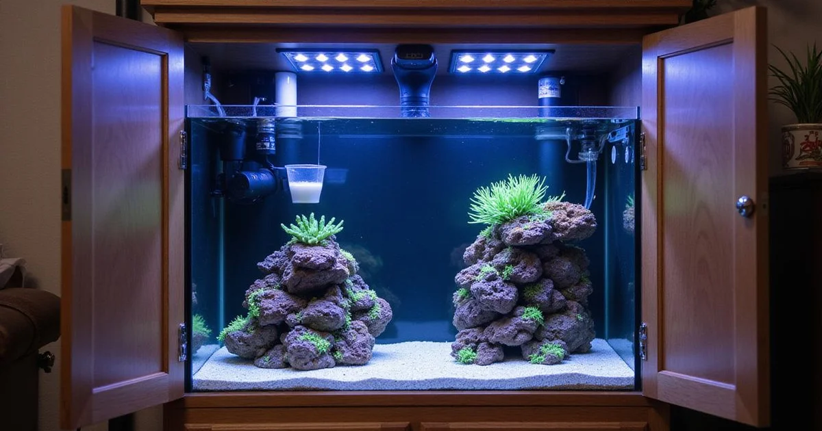 Sump beneath reef tank with skimmer, return pump, and refugium clearly visible