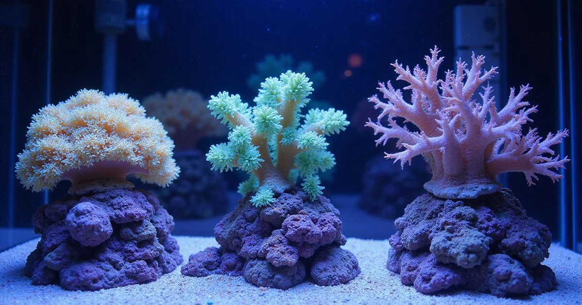 Three coral types side by side in store displays: soft, LPS, SPS, vibrant colors