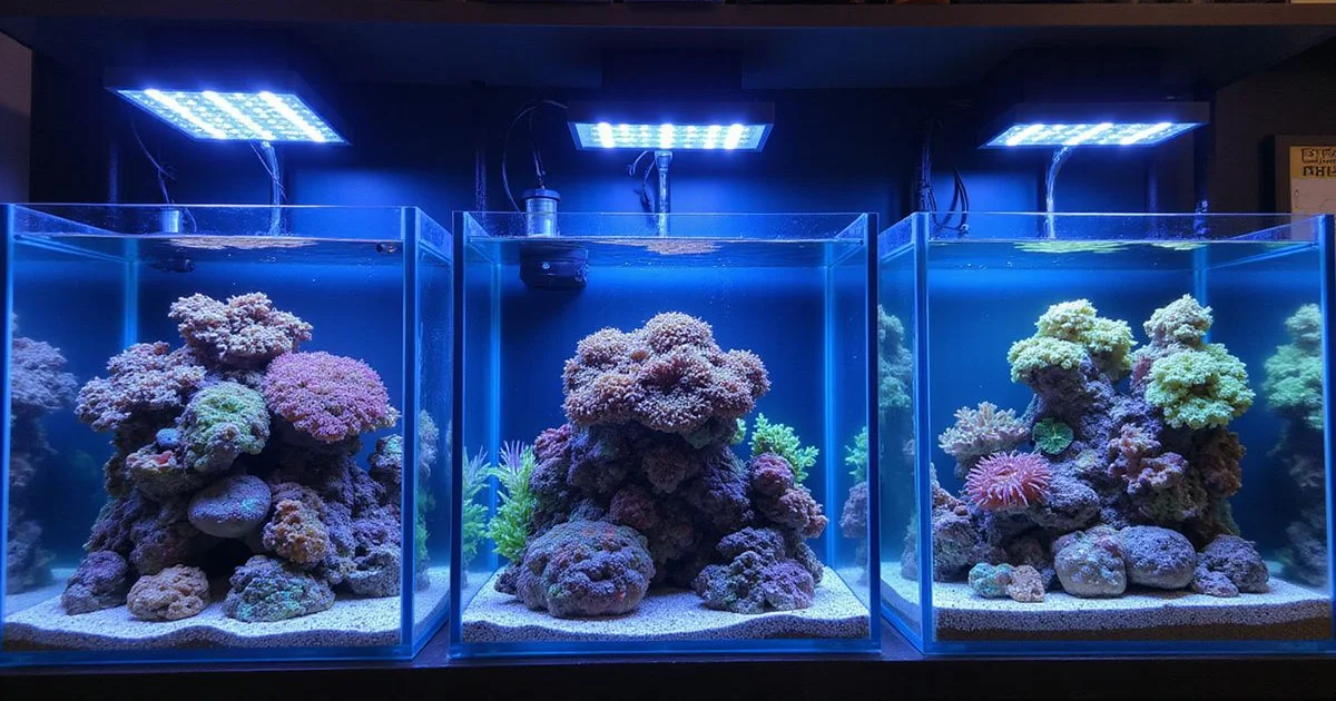 Three reef tanks side by side under AI, Kessil, and Current USA lighting respectively