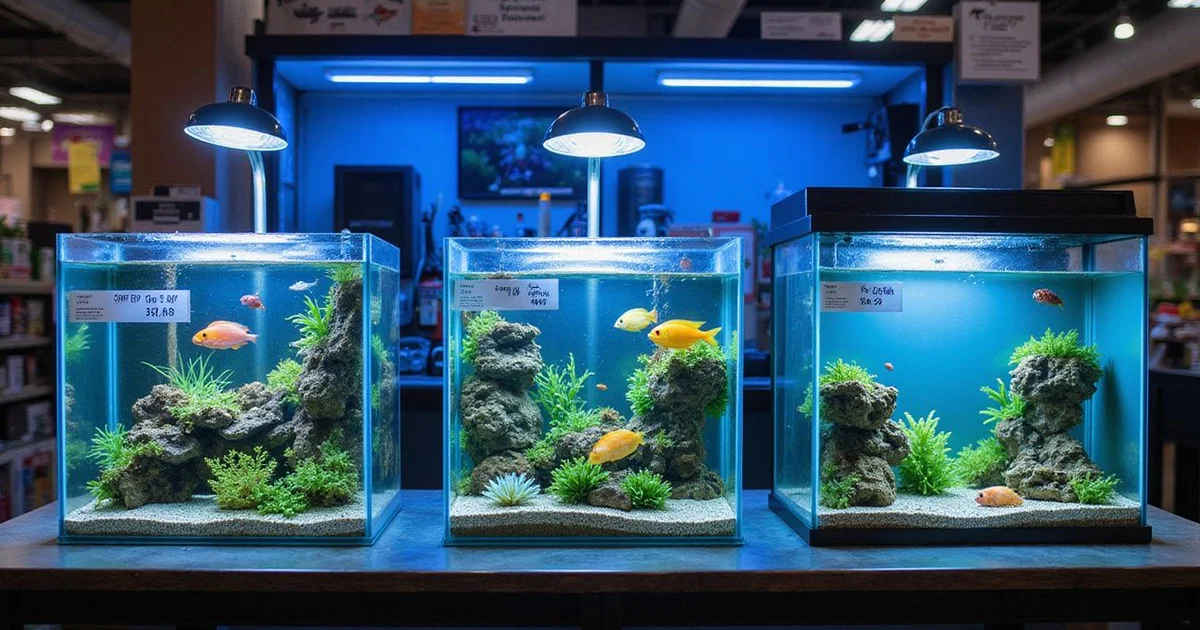 Three tank sizes lined up: 10g, 20g, 40g breeder with example stocking, store environment