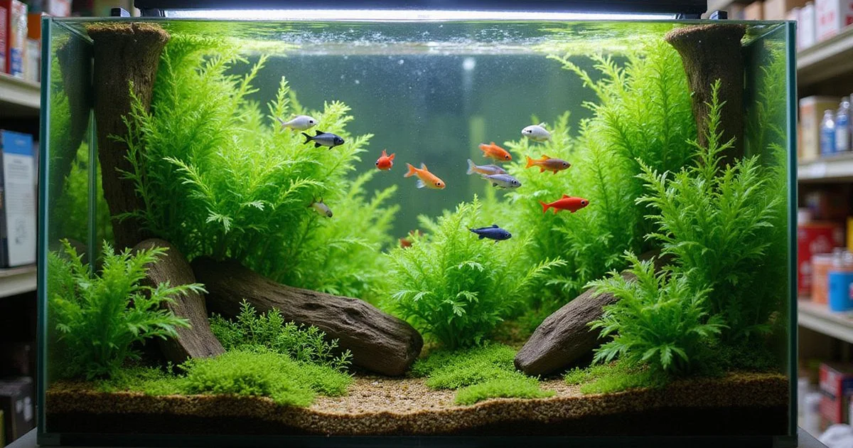 Well-stocked planted 55-gallon community tank in store, tetras schooling, natural light